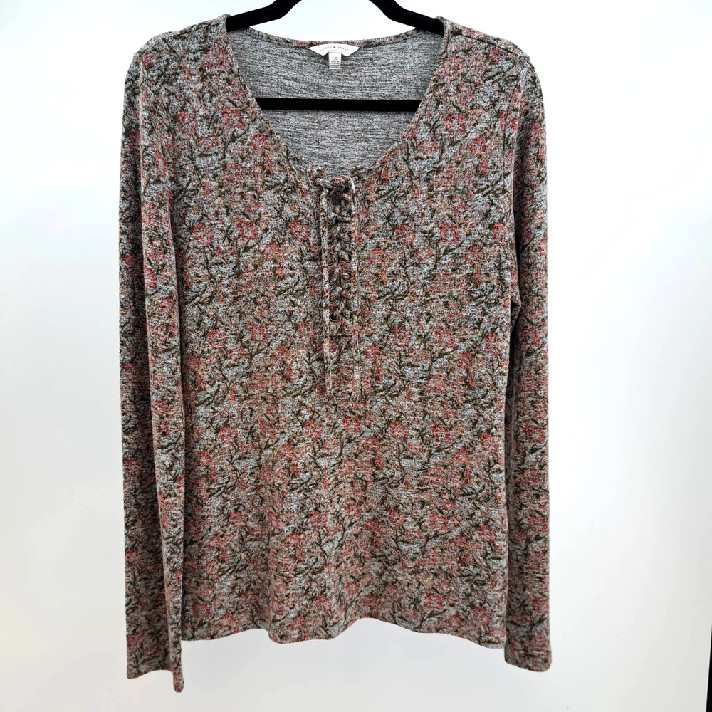 Lucky Brand Blouse Top L Floral Lace Up Front Long Sleeve Knit Gray Pink